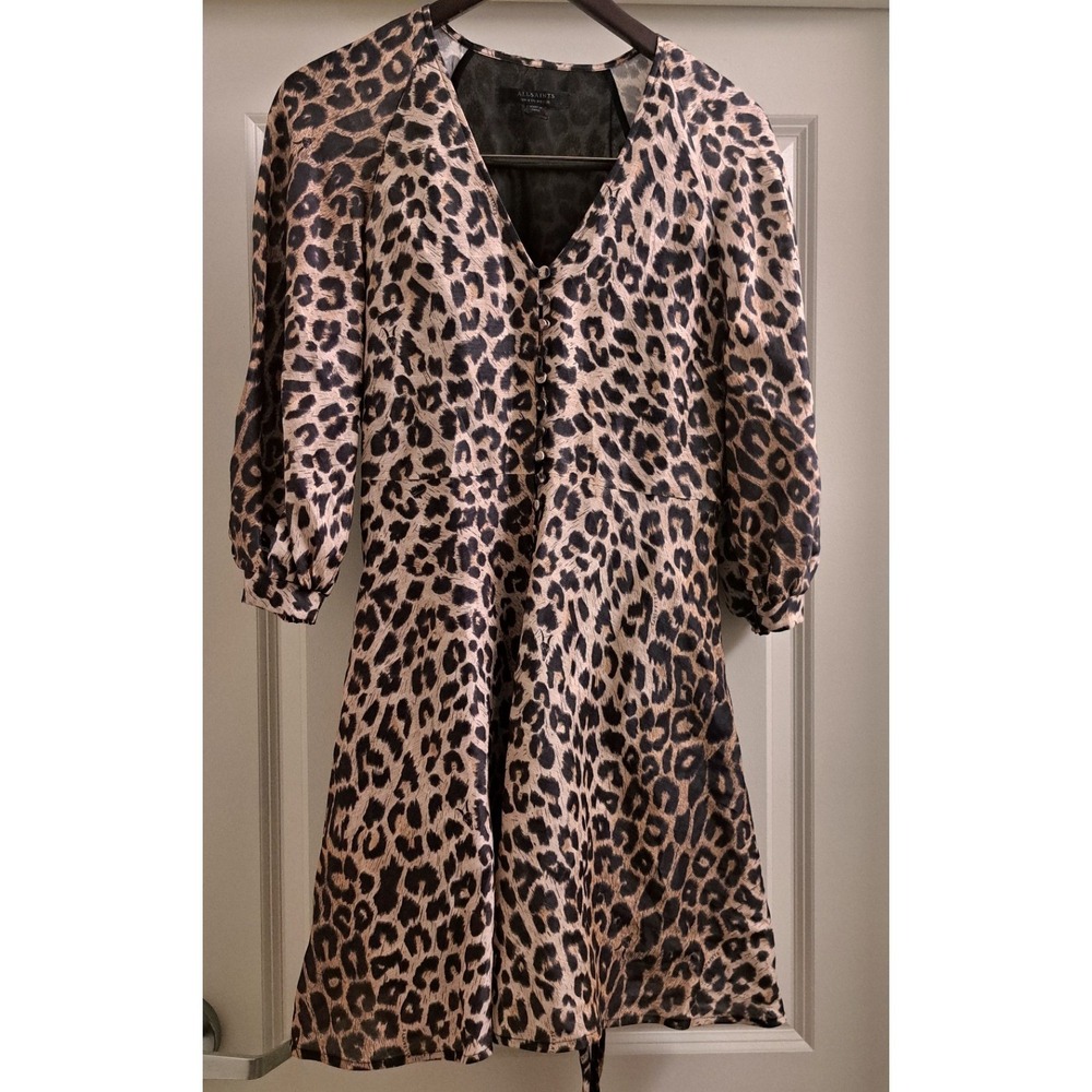AllSaints Leopard‎ Print Mini Dress V-Neck Puff Sleeve Button Front Brown Black